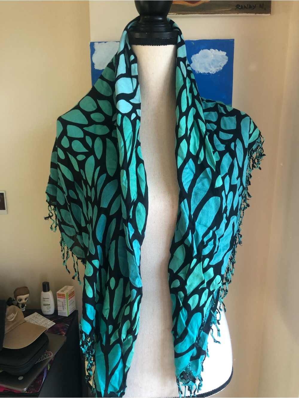 Teal & Black Patterned Fringe Scarf